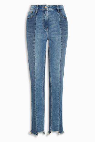 Mid Blue Step Hem Panel Relaxed Jeans